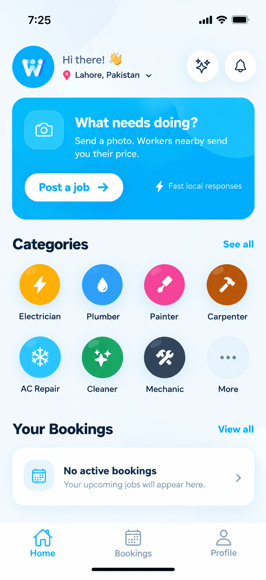WOFO app home showing service discovery, Post a job and bookings