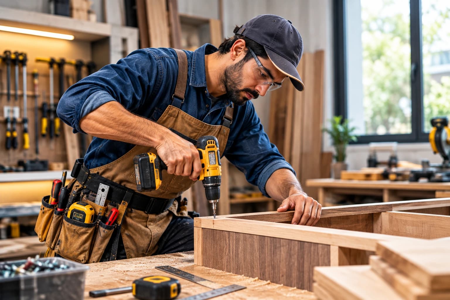 A carpenter working with care in a workshop