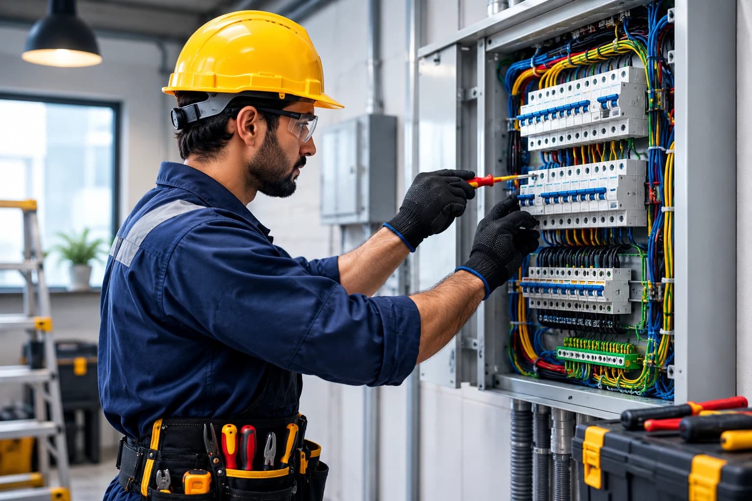 An electrician carefully working on an electrical panel